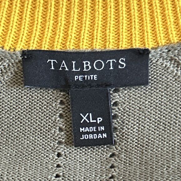 Talbots Cardigan Sweater Womens XL Petite Olive Green Navy Yellow Trim Cotton - Picture 3 of 7